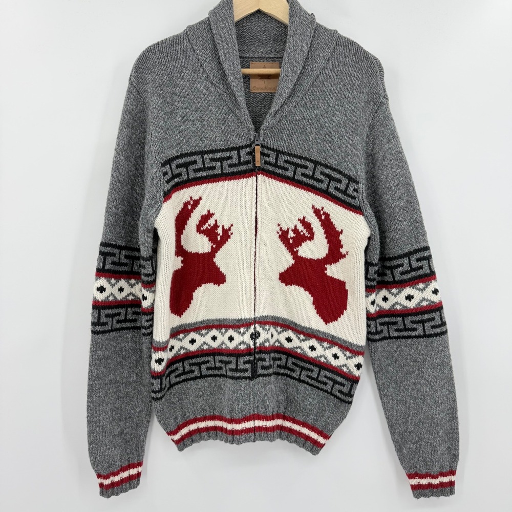 Canadiana Mens Full Zip Cardigan Sweater Gray Moose Maple Leaf Shawl Neck Small